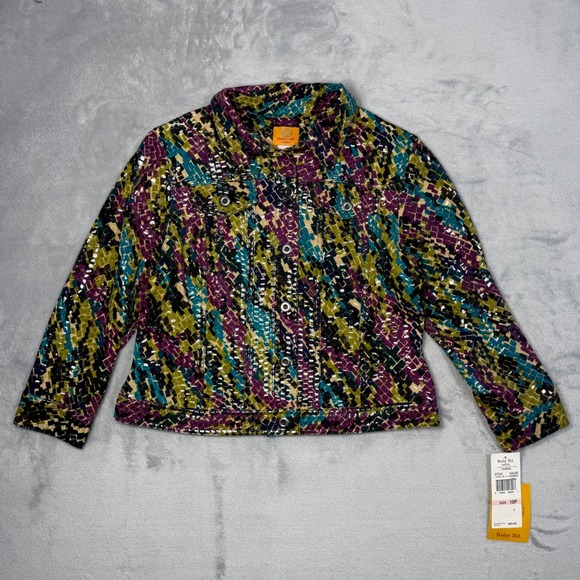 Ruby Rd. Petite Women's Jacket Multi Color Geometric Print Button Front Size 10P - Picture 2 of 12